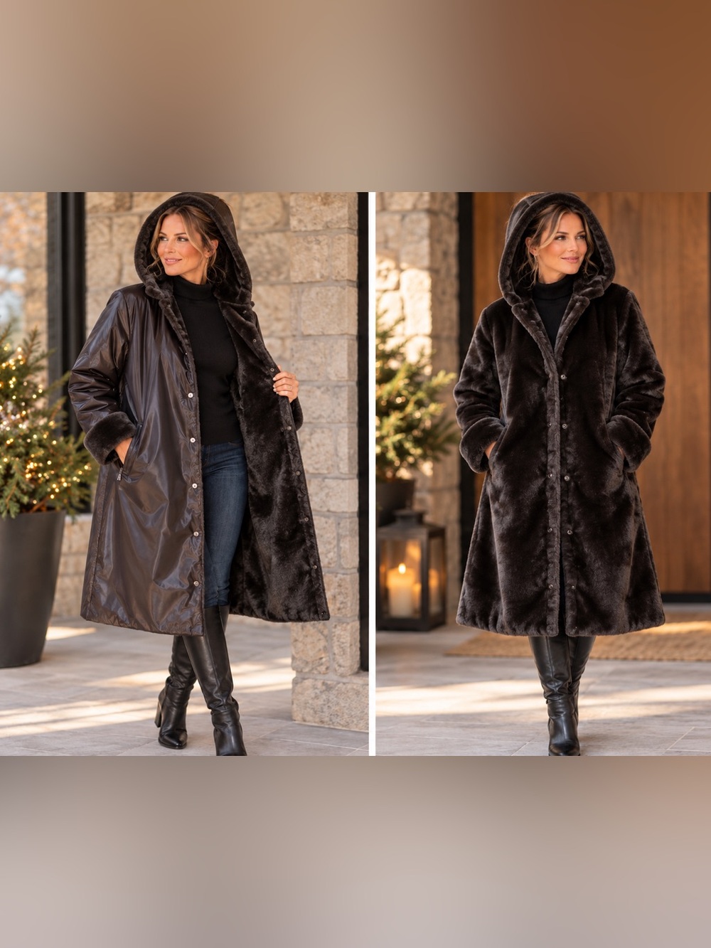 Jacques Vert Reversible Hooded Faux Fur Long Coat XL